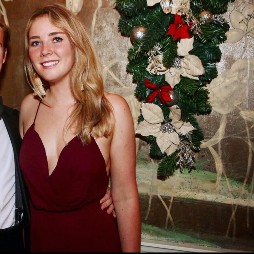 Spaghetti Strap Maroon Fame and Partners Gown